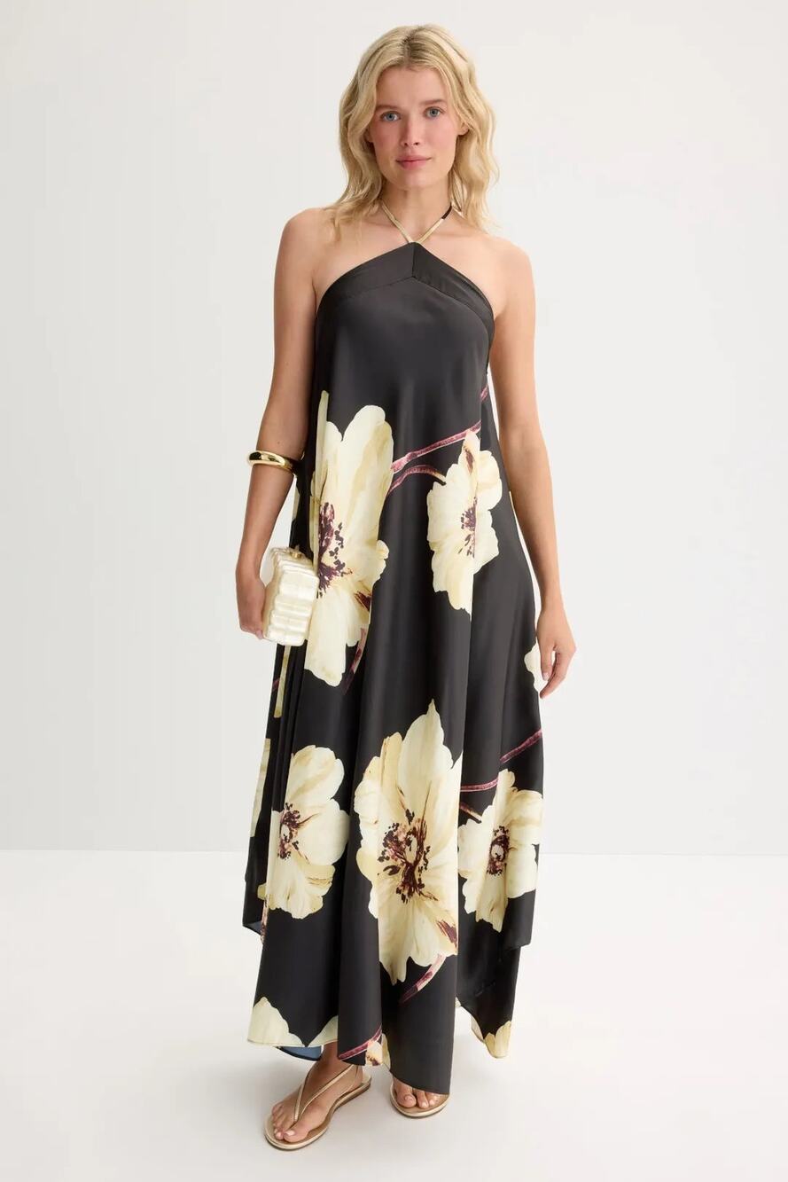 MISA Sz XS Raban Black Floral Print Halter Tie Neck Handkerchief Maxi Dress